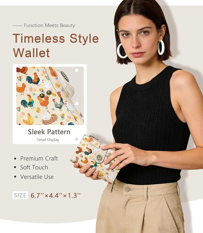 Chicken Wallet Women RFID, Cute Passport Holder Credit Card Holder | 6.7" x 4.4" x 1.3" Bifold, Travel billfold, Zipper Pocket, PU Leather, Clutch, Purse, ID Window, Pen Holder, Gift Ladies Girl - Image 2