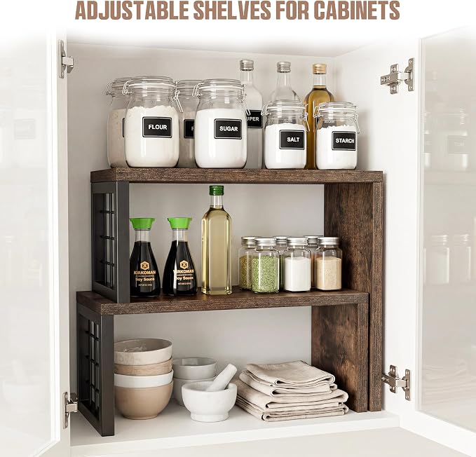 Kitchen Countertop Organizer, 2 Tier Corner Counter Shelf, Rustic Brown | Stackable, Expandable, Adjustable Cabinet Organizer Shelf, Spice Rack, for Kitchen, Coffee Station, Rustic Wood Grain - Image 5