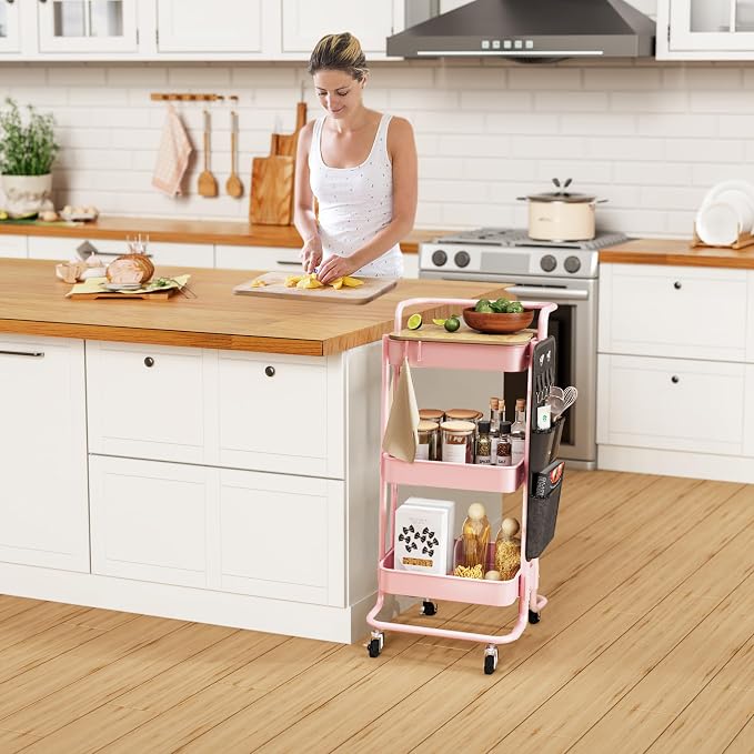 DTK 3-Tier Rolling Cart with Table Top, Metal Utility Cart with Side Bags | Tray Storage Organizer, Lockable Wheels, 4 Hooks, Art Cart for Kitchen, Bathroom, Office, Craft room, Living room, Pink - Image 6