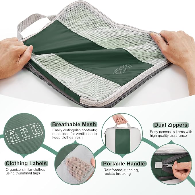 OlarHike 10 Set Compression Packing Cubes for Travel Essentials,Compressible Expandable Space Saver Bags for Organizing Clothes,Luggage Suitcase Garment Bags with Over 1000 pcs Mesh Holes(Dark Green) - Image 6