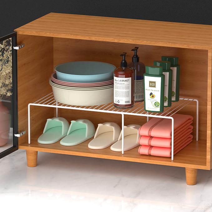 Kitchen Cabinet Expandable Shelf Organizers Set of 2, Adjustable Metal Wire Pantry Storage Shelves, Plate Dish Organizer Rack for Cabinets, Cupboard, Counter, Freezer, Countertop, White - Image 9