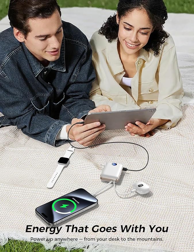 Portable Charger Power Bank 10000mAh,Built-in Cables & AC Plug | Built-in Cables & AC Plug, 22.5W Fast Charging, 4-Device Charging, Travel Essential, for iPhone, iPad & Samsung Galaxy, White - Image 7
