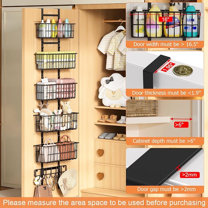 Hongtamoya Adjustable Over the Door Organizer, Metal Hanging Door Organizer with 5 Wire Basket 7 Hooks, Wall Mounted Shelf for Pantry Laundry Organization and Storage, Black - Image 5