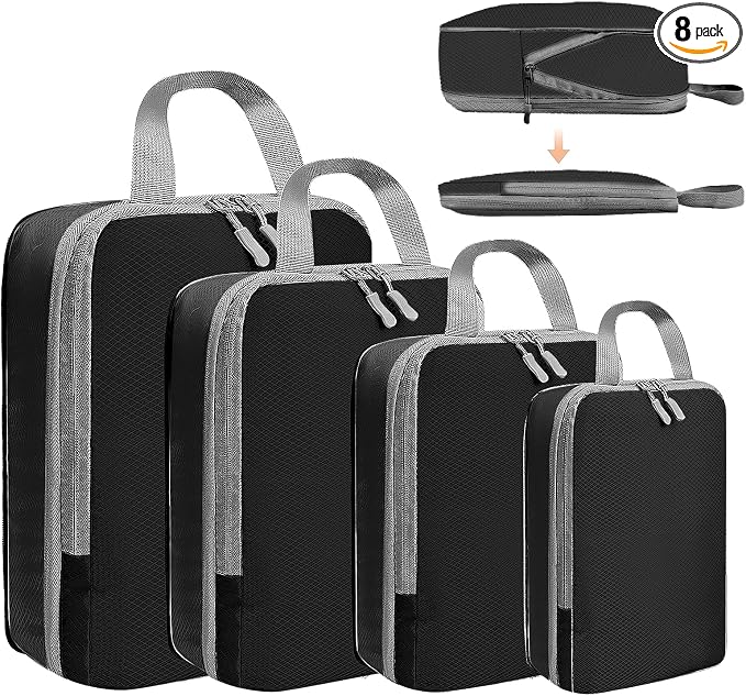 LANSKLBD 4/6/8 Set Packing Cubes for Suitcases Travel Luggage Packing Organizers,Travel Accessories Essentials Luggage Organizer with Shoe/Tioletry/Laundry Bag (Black, 4 set) by LANSKLBD