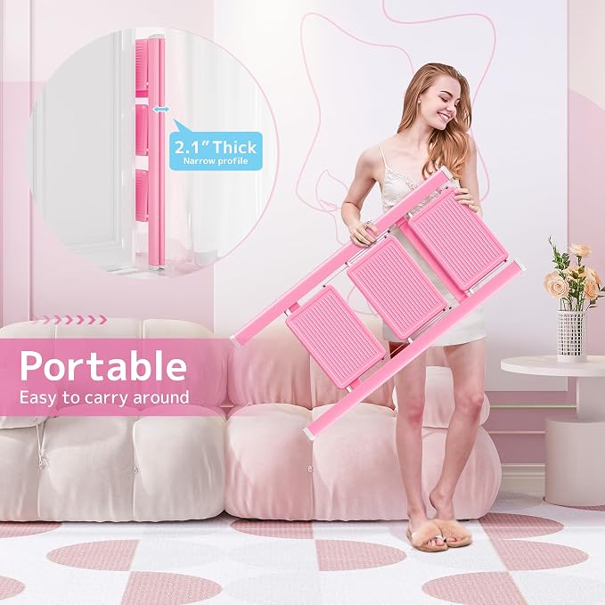 3 Step Ladder, Foldable Step Stool with Widened Pedal, Pink | Sturdy Carbon Steel, Anti-Slip Feet, Portable, 330LBS Capacity, Space Saving, for Kitchen, Bedroom, Pantry Use - Image 5