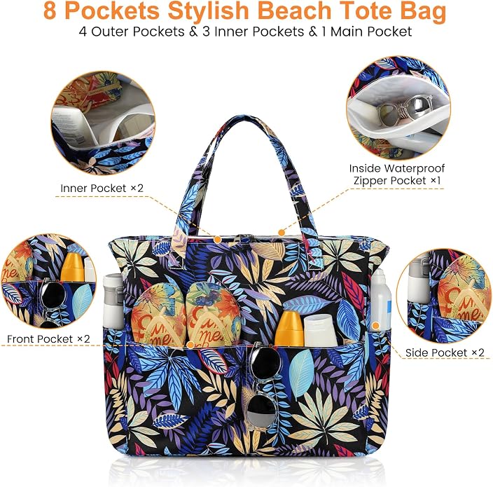 Trifabricy Beach Bags for Women, Waterproof Large Tote Bag With Zipper | Waterproof Sandproof, Zipper Closure, Wet Pocket, For Beach Gym Travel Shopping Vacation, Durable Lightweight, Easy Clean - Image 4