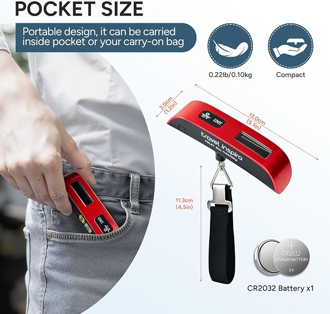 travel inspira Luggage Scale, Portable Digital Hanging Baggage Scale for Travel, Suitcase Weight Scale with Rubber Paint, 110 Pounds, Battery Included - Image 6