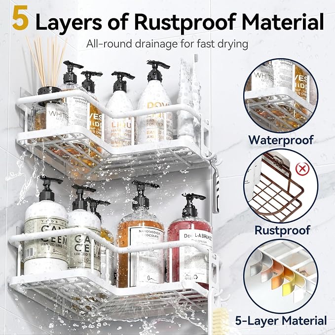 Corner Shower Caddy Adhesive, 100% Rustproof Shower Organizer with Soap Holder, No Drill Shower Shelf for Inside Shower, Wall-Mounted Shower Storage for Homes (3 Pack, White) - Image 2