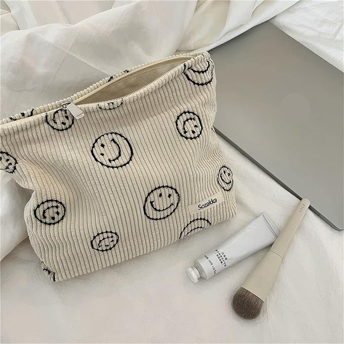 Cosmetic Bags for Women - Corduroy Cosmetic Bag Aesthetic Women Handbags Purses Smile Dots Makeup Organizer Storage Makeup Bag Girls Case Bags (A-Beige) - Image 2