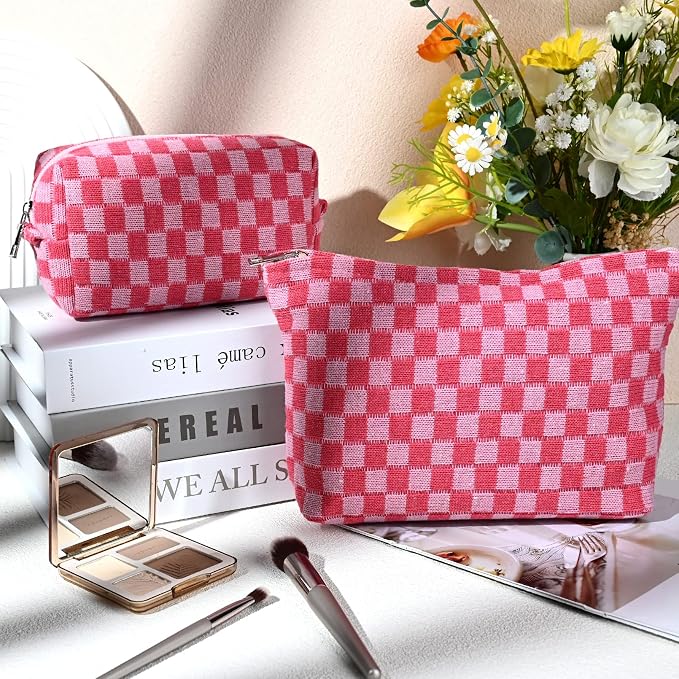 SOIDRAM 2 Pieces Makeup Bag Large Checkered Cosmetic Bag Capacity Canvas Mix Travel Toiletry Bag Organizer Cute Makeup Brushes Aesthetic Accessories Storage Bag for Women, Checkered Mix Rose Red - Image 2