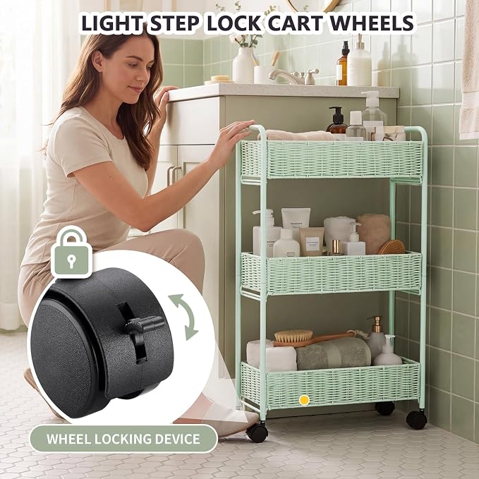Utility Slim Storage Cart,3-Tier Rolling Kitchen Office Laundry Room Cart with Wheels,Mobile Shelving Unit Organizer for Living Room,Bathroom, Baby Diaper,Art,Dining Room Narrow Places - Image 5