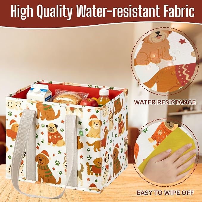 VENO 3 Pack Heavy Duty Reusable Grocery Shopping Bags Utility Tote | Water Resistant, Storage Box with Sturdy Handles & Hard Bottom, Foldable for Groceries Shopping Cart(Holiday Pups, 6 Gallon) - Image 3