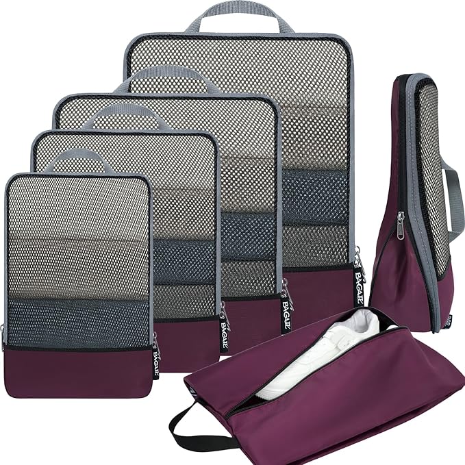 BAGAIL 4 Set/6 Set/8 Set Compression Packing Cubes Travel Accessories Expandable Packing Organizers (Half Mesh, 6-Burgundy) by BAGAIL