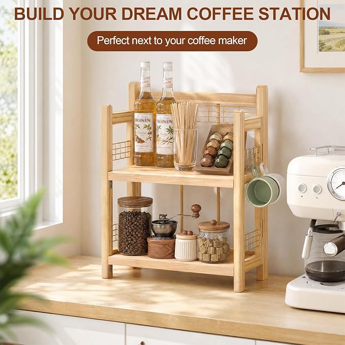 No-Assembly Coffee Bar Organizer, 2-Tier Coffee Station Shelf | Foldable Oak Wood Shelf, Coffee Station Accessories Storage for Syrup & Pod, 3 Hooks for Mugs, Kitchen Condiment Rack Natural - Image 7