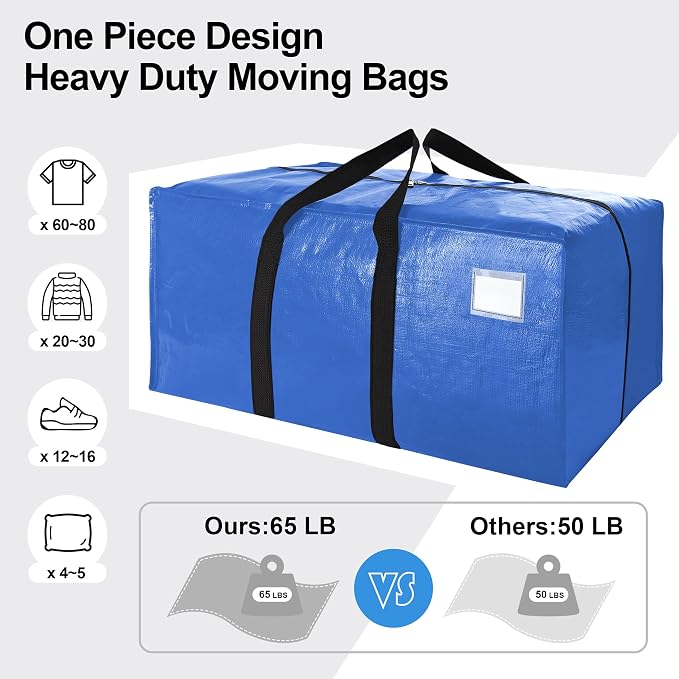 VELVETSURE Heavy Duty Extra Large Moving Bags W/Backpack Straps - Strong Handles & Zippers, Storage Totes For Space Saving, Fold Flat, Alternative to Box and Bin (Set of 6, Multicolor) - Image 5