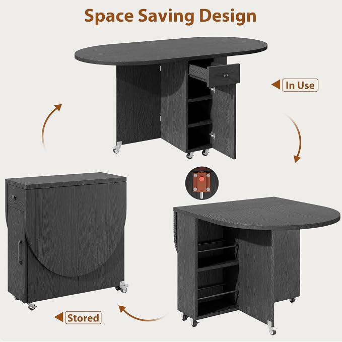 Jocoevol Round Folding Dining Table for 4, Space Saving Drop Leaf Kitchen Table with Storage Drawer, 6 Wheels Oval Gateleg Foldable Dining Table for Small Spaces(Black 47 * 23.6 * 30) - Image 6
