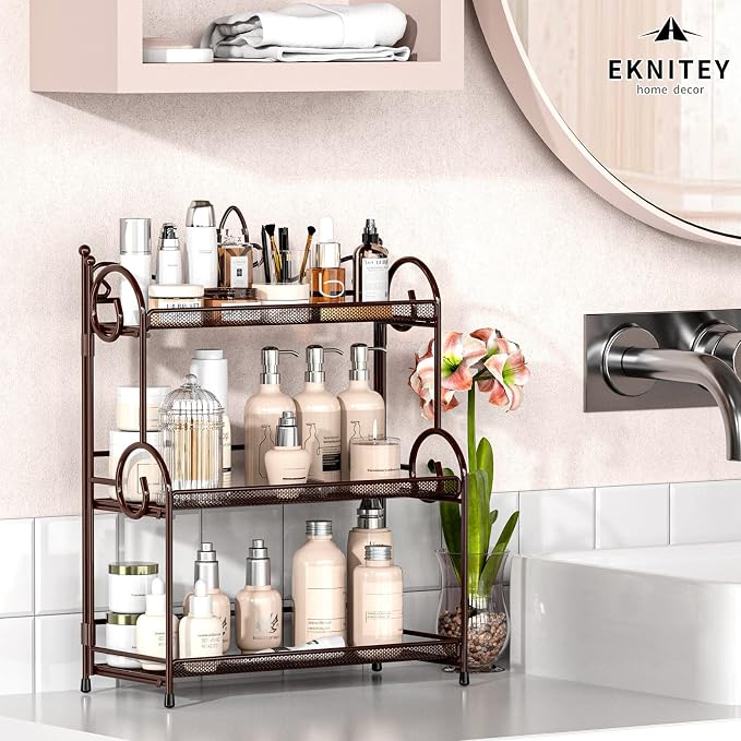 EKNITEY Bathroom Organizer Shelf Countertop - 3 Tier Spice Rack No Assembly | Kitchen Counter Organizer, for Skincare Makeup Vanity, Sturdy Metal Frame, Easy to Clean, Space-saving, Foldable, Brown - Image 4