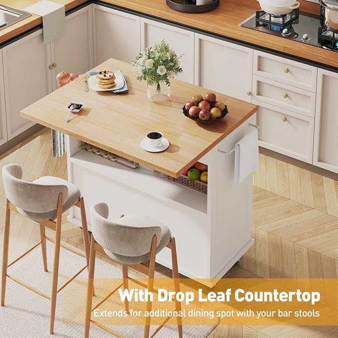 Rolling Kitchen Island with Folding Drop Leaf Breakfast Bar, 35.4'' W Kitchen Cart with Storage Cabinet and 2 Drawers, Portable Mobile Kitchen Island Table with Towel Rack, Lockable Wheels, White - Image 2