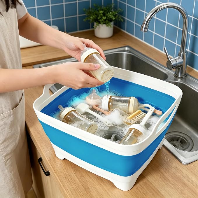 FOSJGO Collapsible Dish Basin with Drain Plug, Foldable Sink, 2.4 Gal (9L) | Space-Saving Wash Basin for Kitchen, Baby Bottles, Vegetable Washing, Camping, RV and Party Beverage Tubs - Image 5