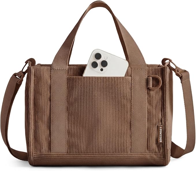 BAGSMART Corduroy Tote Bag for Women, Small College Teacher Laptop Handbag | Fits 14 inch Laptop, 40oz Tumbler Holder, Soft Corduroy Bag with Crossbody Strap for Daily, Work, Flight Travel, Hand Wash by BAGSMART