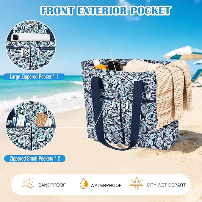 HUANLANG Large Beach Bags for Women Pool Bag with Zipper, Waterproof Sandproof Beach Tote Travel Bag with Wet Pocket - Image 4