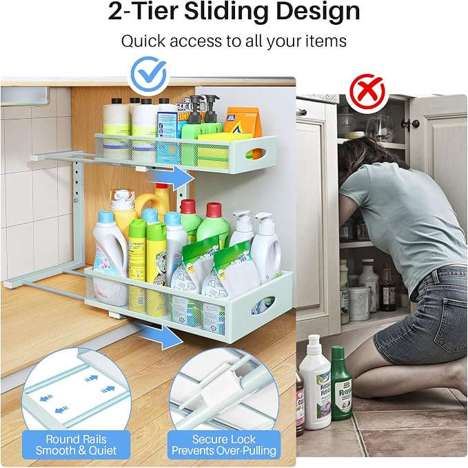 Under Sink Organizer, 2 Tier Pull Out Under Cabinet Organizer Shelf with Pad for Framed Cabinets, Metal Slide Out Under Sink Storage, Mesh Sliding Drawers for Kitchen Bathroom Laundry(Blue, 1 Pack) - Image 4