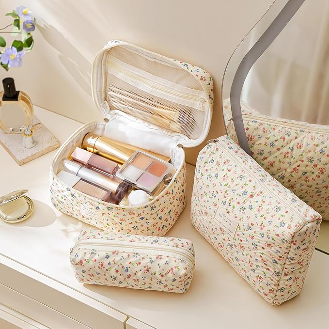 HBselect Quilted Makeup Bag, 3Pcs Cotton Large Travel Makeup Bags Organizer | Cute Floral Make up Bag Cosmetic Bag Toiletry Bag for Women Girls, Makeup Pouch for Skincare, Brushes & Travel Essentials - Image 2