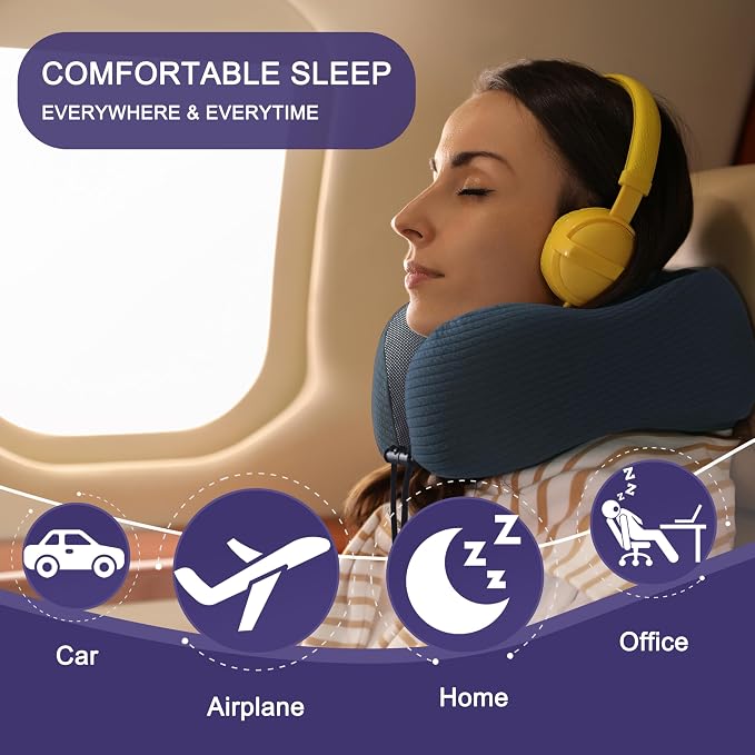 napfun Neck Pillow for Travel, Memory Foam Airplane Pillow, Deep Blue | 360° Neck Support, Upgraded 100% Memory Foam for Airplane, Car, Train, Bus, Office Sleep, Travel Essentials for Long Flights - Image 6