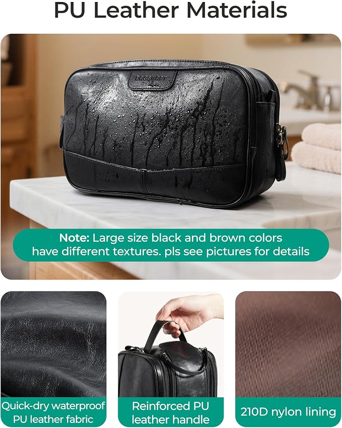 BAGSMART Large Toiletry Bag for Men, PU Leather Water Resistant, Black | High-gloss, Travel Bag for Toiletries, Dopp Kit, Shaving Bag for Bathroom Shower - Image 2