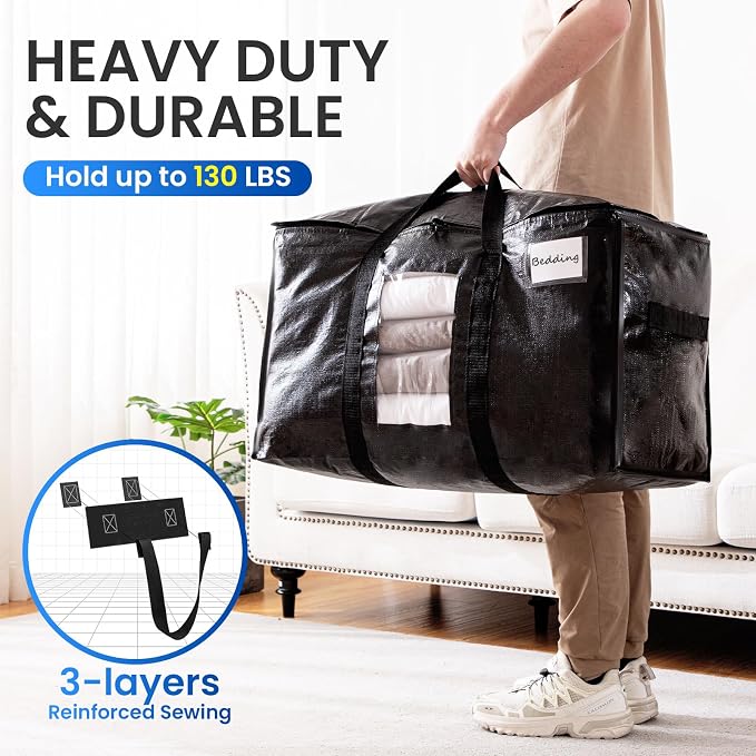 TAILI 4 Pack Black Extra Large Moving Bags,Storage Bag with Visible Window | 93L Heavy Duty Totes For Storage,Wrap Around Handles,Alternative to Moving Boxes, College Dorm,Perfect for Moving - Image 5