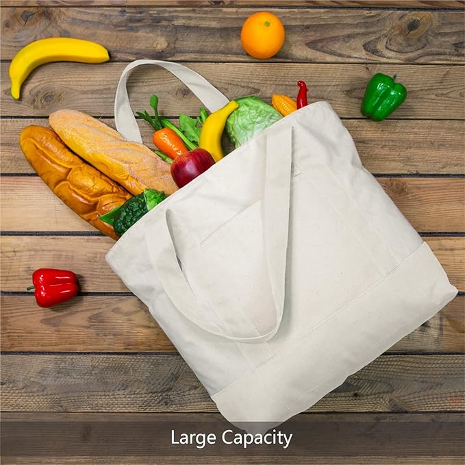 TOPDesign 6-Pack Canvas Tote Bags with an External Pocket, Reusable Grocery Shopping Bags, Top Zipper Closure, Daily Essentials (Natural) - Image 3