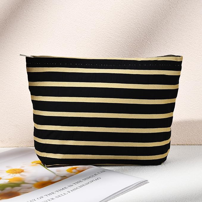 SOIDRAM 2 Pieces Makeup Bag Large Stripe Cosmetic Bag Capacity Canvas Mix Travel Toiletry Bag Organizer Cute Makeup Brushes Aesthetic Accessories Storage Bag for Women, Stripe Mix Black - Image 7