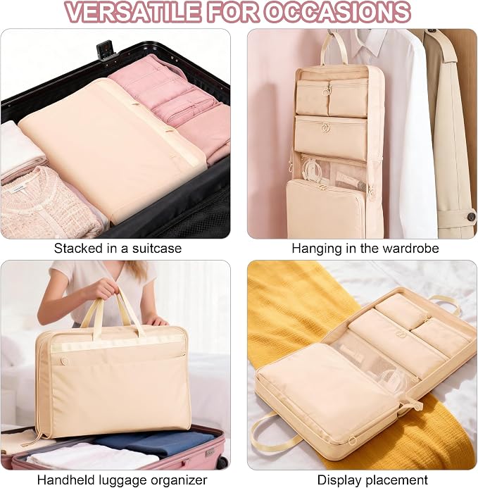 VS VOGSHOW Hanging Suitcase Organizer, 5 in 1 Foldable Travel Storage Bag for Women, Portable Packing Cube Closet with Compartments for Clothes (Beige) - Image 8