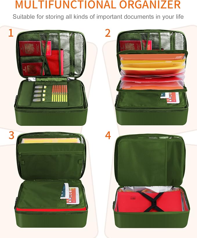 Fireproof Document Box with Lock 5200℉ Water Resistant | Portable ,Home ,Travel Strong Document Storage Organizer with 7 pockets for Important Documents and File ,Green - Image 3
