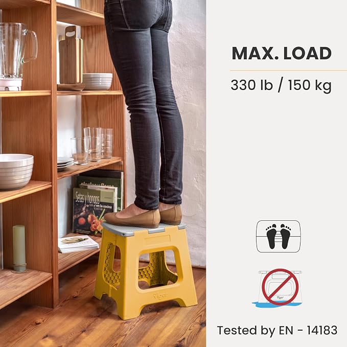 Vigar Compact Folding Step Stool, 12-1/2 in, Yellow | 12-1/2 in Foldable Stool, Lightweight Portable Design, Handle, Non Slip Surface, Space-Saving, Supports up to 330 lb - Image 5