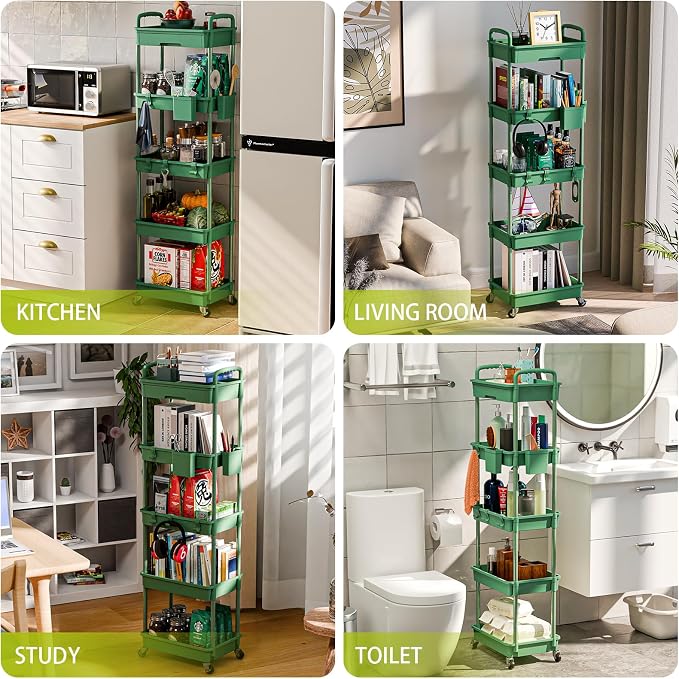 Sorgion 5 Tier Rolling Cart Organizer,Bathroom Cart Organizers with Wheels Laundry Room Organization Mobile Shelving Unit Utility Cart Storage Shelves Multi-Functional for Office, Home(Green) - Image 6