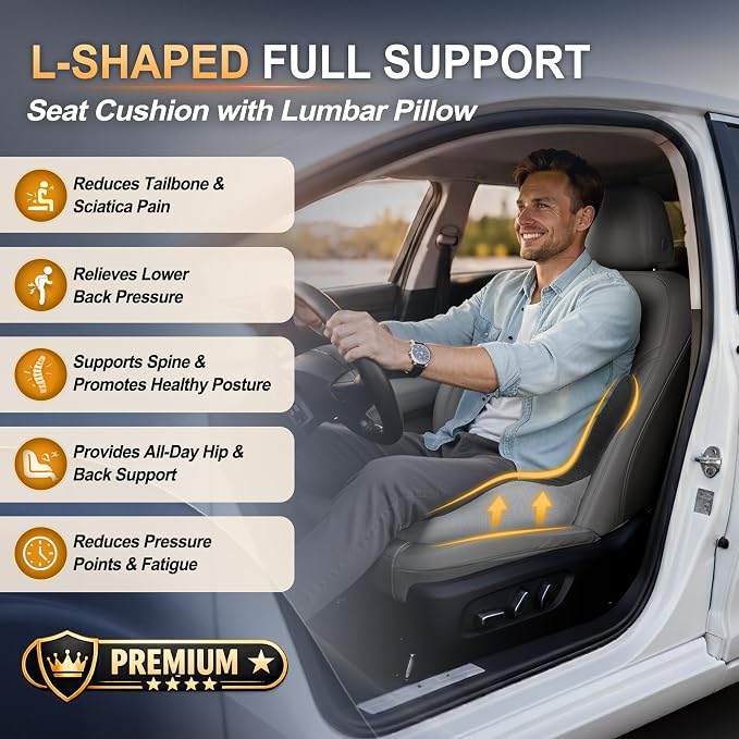 Allaboutsla Car Seat Cushion with Lumbar Support Pillow, Car Back Support | L-Shaped Ergonomic Memory Foam Seat Cushion, Car Seat Cushions for Driving, Driver Cushion and Back Support for Car, B&G - Image 2