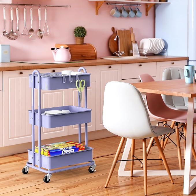 Simple Houseware 3-Tier Heavy Duty Metal Utility Rolling Cart, Purple - Image 5