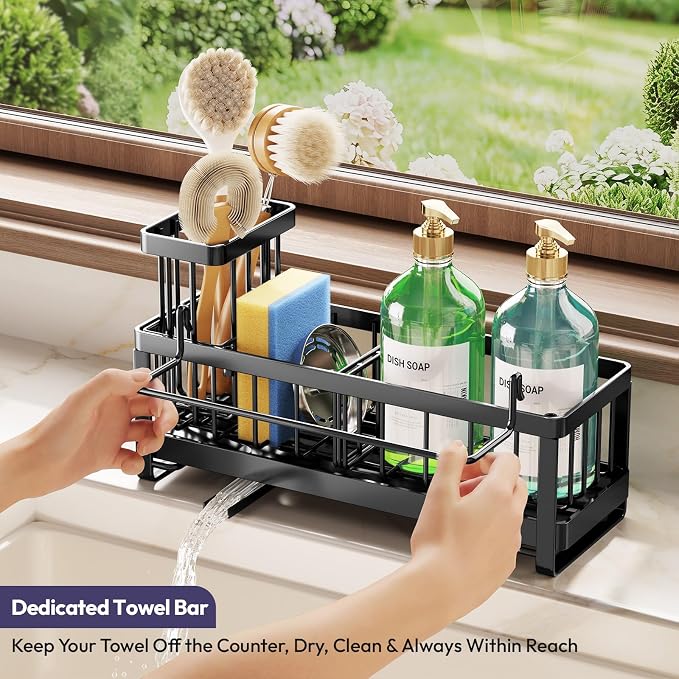 SWTYMIKI Sponge Holder for Kitchen Sink - Sink Caddy with Brush Holder Self-draining Sponge Caddy Organizer with Divider Stainless Steel Kitchen Accessories Storage for Countertop, Black - Large - Image 5