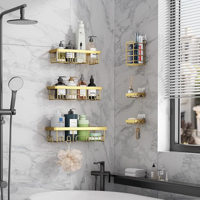 Veken Adhesive Shower Caddy 6-Pack,Gifts for Women Mom,Heavy Weight Bearing,Large Wall Mounted Bathroom Shelves Rack,Organizer Storage Accessories with Soap Dish&Toothbrush Holder,Bright Gold - Image 4