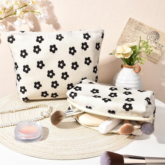 SOIDRAM 2 Pcs Makeup Bag Large Cosmetic Bag Toiletry Bag Makeup Pouch Travel Bag Organizer Cute Makeup Brushes Aesthetic Accessories Storage Bag for Women Black Floral Corduroy - Image 6