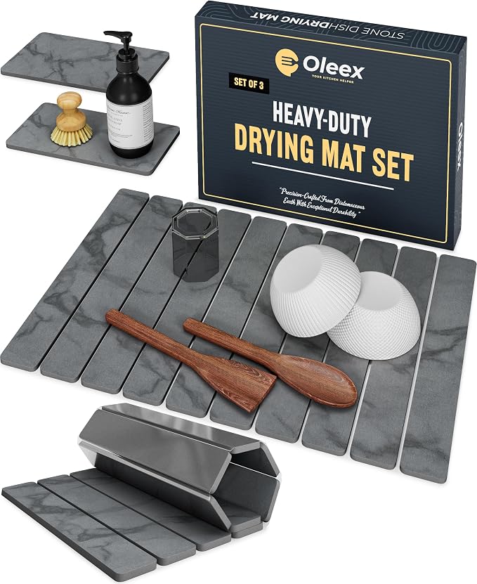 Oleex 3-Pack Stone Dish Drying Mat Set Includes 1 Large 24”x16” & 2 Small 4”x9” for Kitchen Counter-Collapsible Diatomaceous Earth Pad Absorbs Water & Dries Dishes Fast, Non-slip, Odor-Resistant Mats by OLEEXYOURKITCHENHELPER