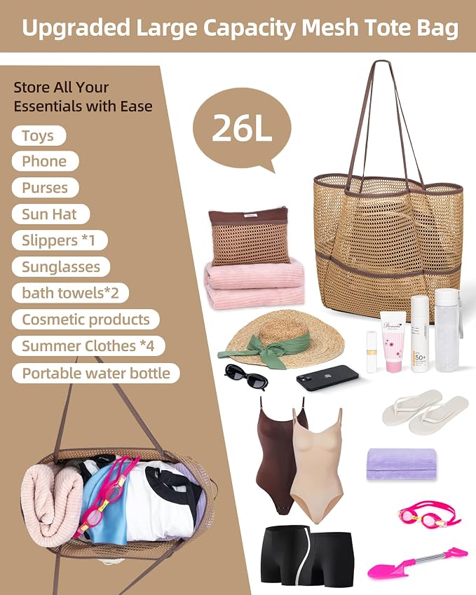Mesh Beach Tote Bag for Women, 2-in-1 Large Lightweight Foldable Design | Packable into Matching Makeup Pouch | Multiple Pockets | Quick-Dry Sandproof Mesh | Beach, Pool, Travel, Shopping & Gym - Image 3