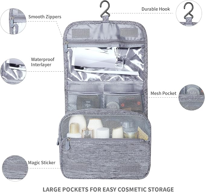 Lcsmaokin Large Capacity Toiletry Bag Travel Bag with Hanging Hook for Men and Women Waterproof Travel Cosmetic Bag Bathroom Storage Bag for Brushes Set,Full-Sized Shampoo,Toiletries,Accessories-Grey - Image 2