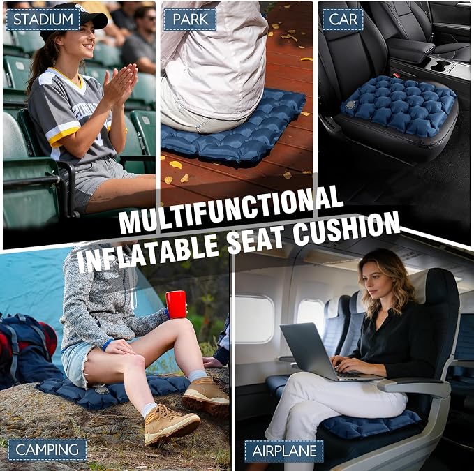 Inflatable Seat Cushion Portable Lightweight Stadium Seat Pad | Travel Air Seat Cushion for Long Flights Camping Hiking Bleacher Airplane Stadium Office (Blue) - Image 7