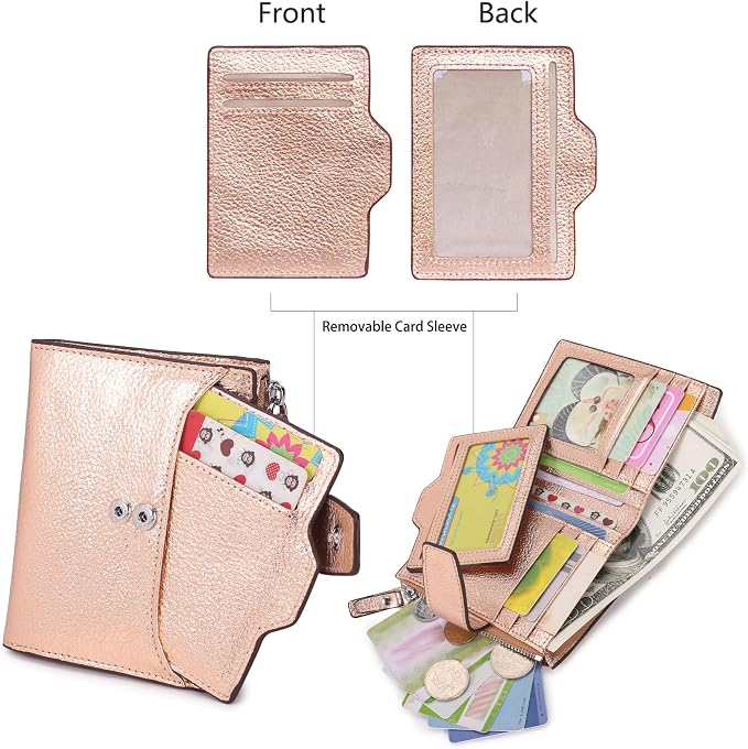 Women's RFID Blocking Leather Small Compact Bi-fold Zipper Pocket Wallet Card Case Purse with id Window - Image 3