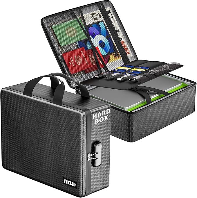 Fireproof Document Box with Lock, Hard-Shell File Organizer, Black | Water-Resistant Zipper,Letter Size,Large Capacity,Portable Safe Storage for Important Paperwork,Passports,Certificates by ZOOPIP