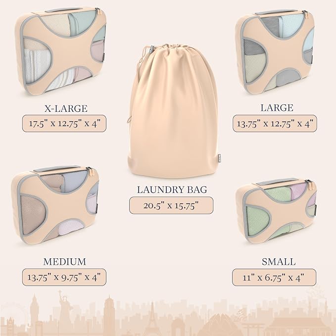 Shacke 5 Set Packing Cubes for Travel with Laundry Bag (Nude Beige) | Suitcase Organizer Bags Set: 4 Water-Resistant Luggage Cubes, XL to Small, + Laundry Bag for Carry-On or Checked - Image 4
