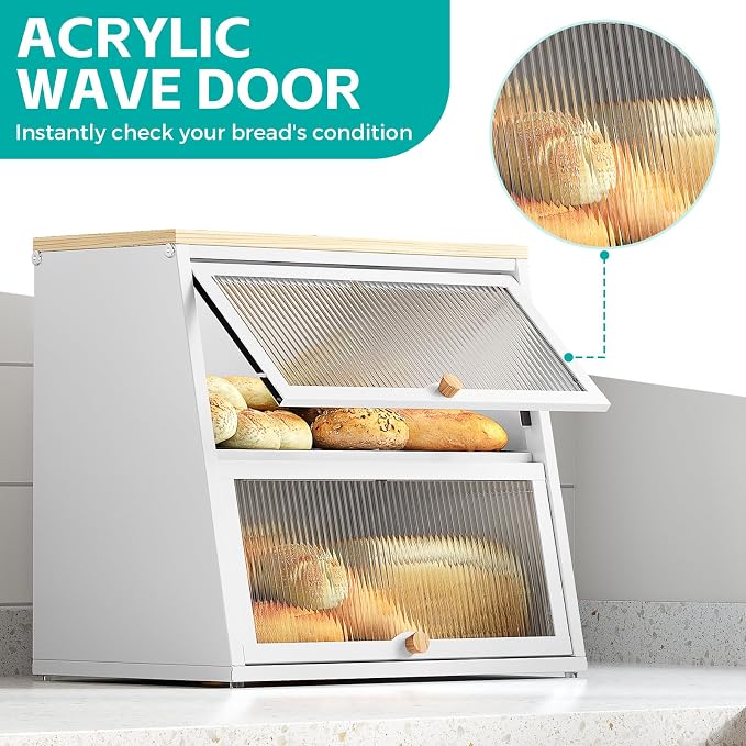Urackify Bread Box for Kitchen Countertop – 2-Tier Bread Storage Container, Metal Breadbox with Acrylic Wavy Door, Wood Top, Magnetic Seal, Anti-Slip Base, 14.96x9.84x13.78 inch, White - Image 2