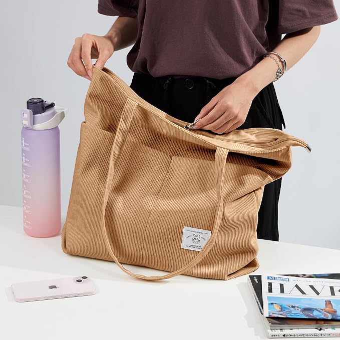 KALIDI Women Corduroy Tote Bag Zipper Casual Tote's Handbag Big Capacity Shoulder Bag with Pockets - Image 7